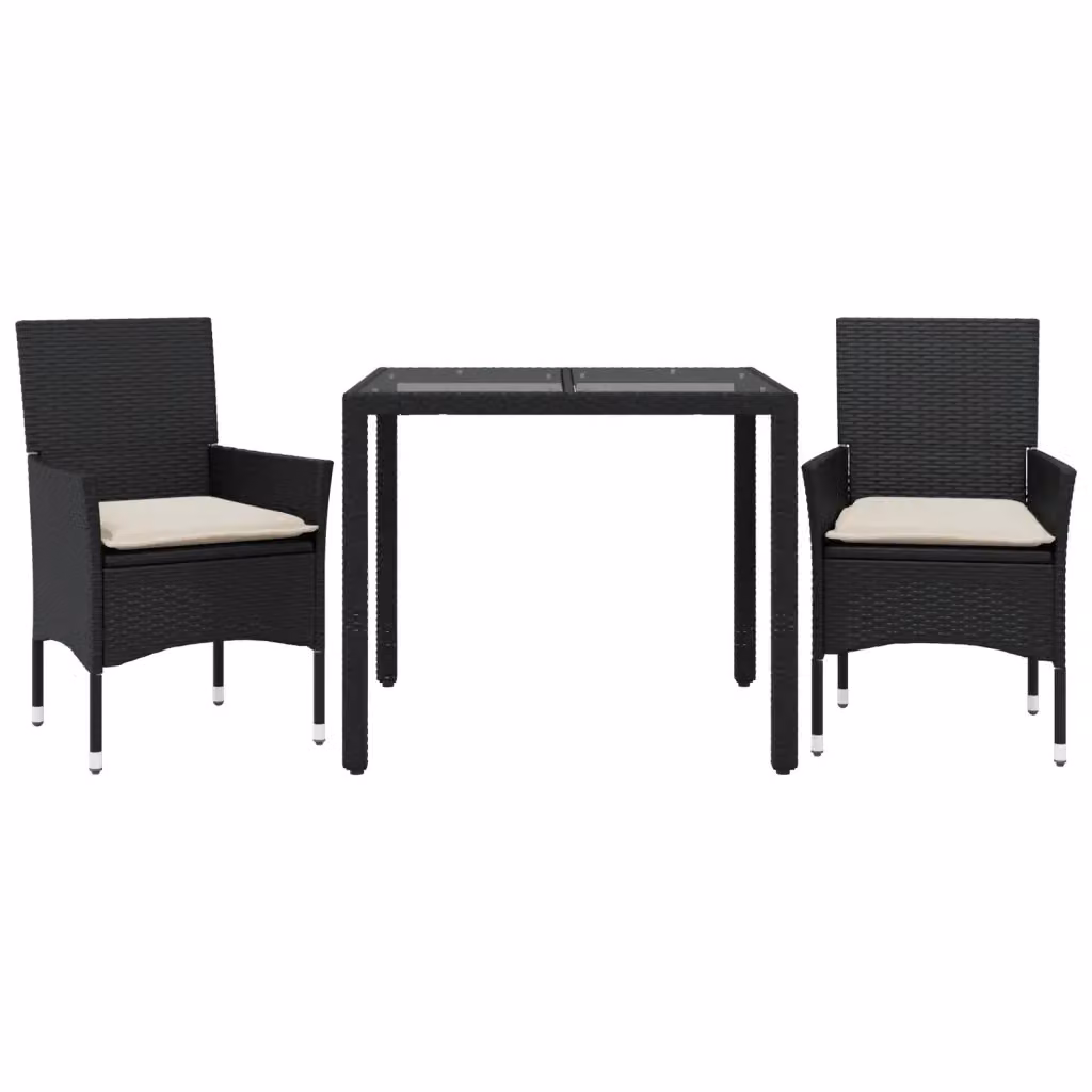 Set da Pranzo da Giardino 3 pz vidaXL in Polyrattan con Vetro e Cuscini Disponibile in Nero o Bianco – 2