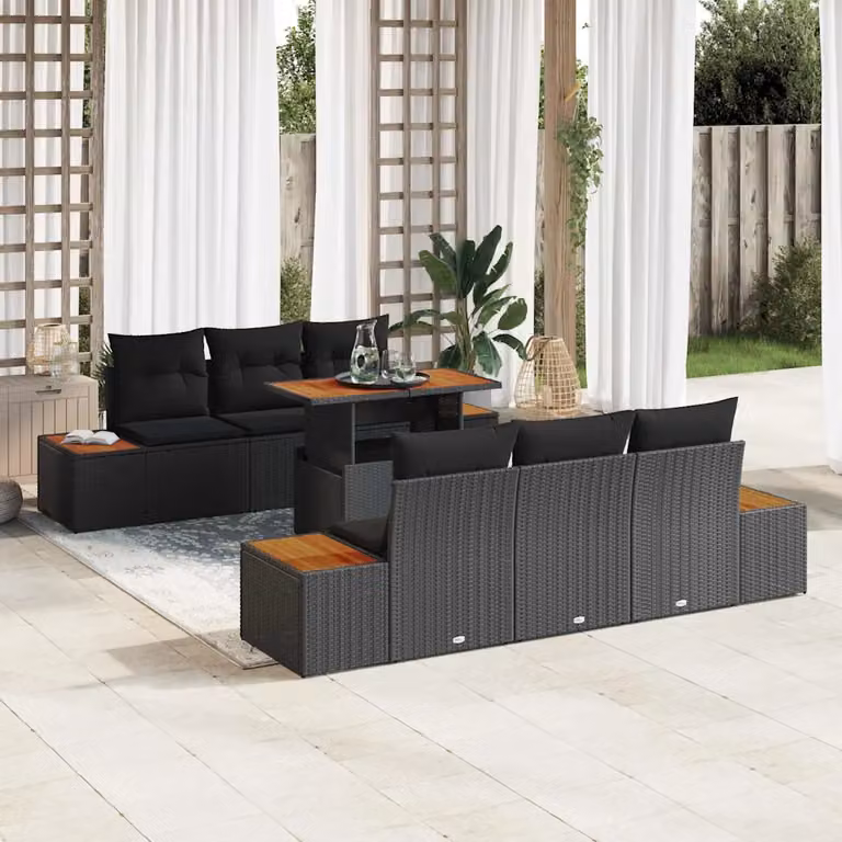 Set da pranzo da giardino vidaXL in rattan e legno di acacia con 7 pezzi, nero e marrone