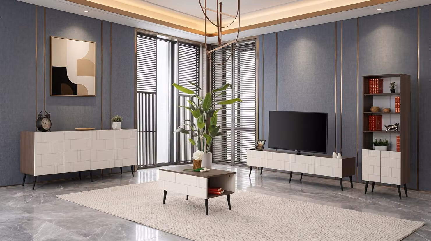 Tavolino da salotto, supporto TV, consolle, libreria, design moderno, colore beige-marrone