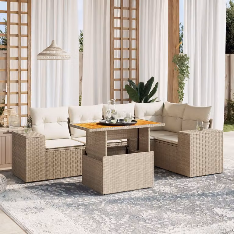 vidaXL Set Divano da Giardino a L 6 pz con Cuscini Beige e Tavolino in Polyrattan e Acciaio