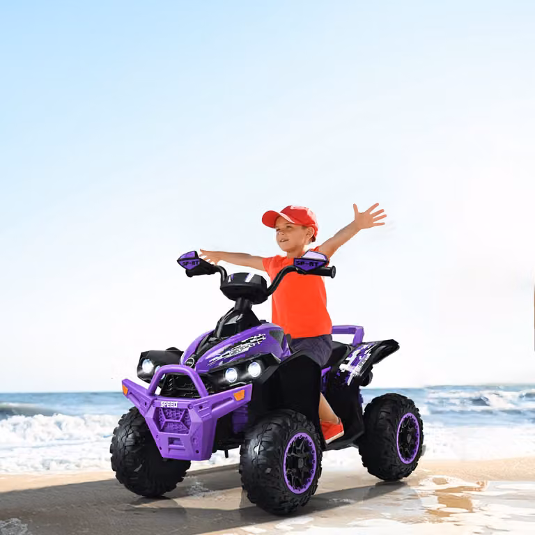Quad elettrico Costway 12V con luci LED e musica, veicolo giocattolo viola per bambini