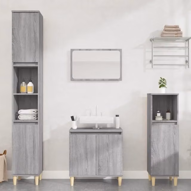 Set di mobili da bagno vidaXL composto da 3 pezzi in legno grigio opaco con mobile lavabo e colonna alta