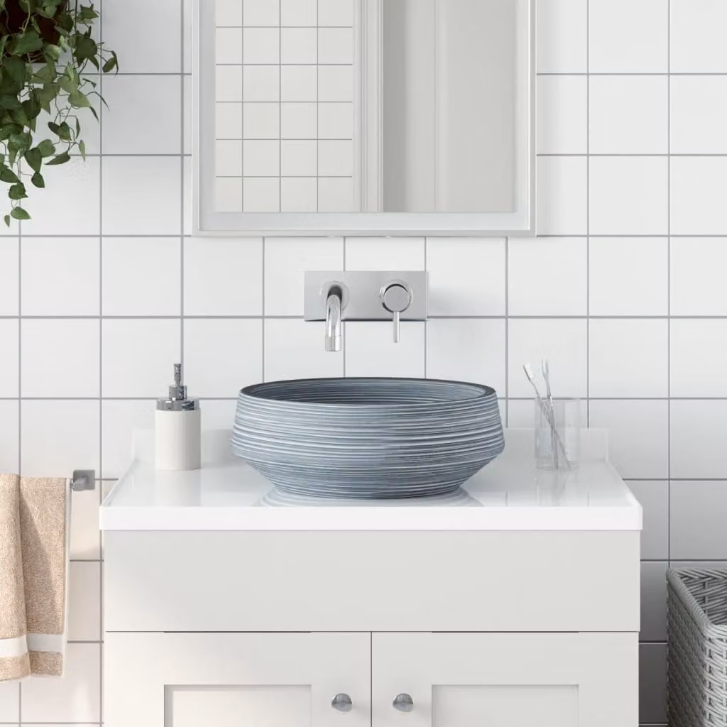 Lavabo da appoggio rotondo vidaXL in ceramica grigio, Diametro: 41 cm, Altezza: 14 cm