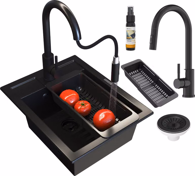 Granitan - Lavello in granito - Lavandino 50x40 cm - Lavello cucina nero - con miscelatore - BEST