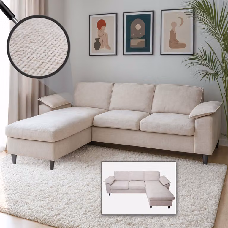 Set di divani HWC-O71, divano angolare a L, superficie reclinabile a sinistra/destra, tessuto (320 g/m²) legno 84x229x140cm ~ beige