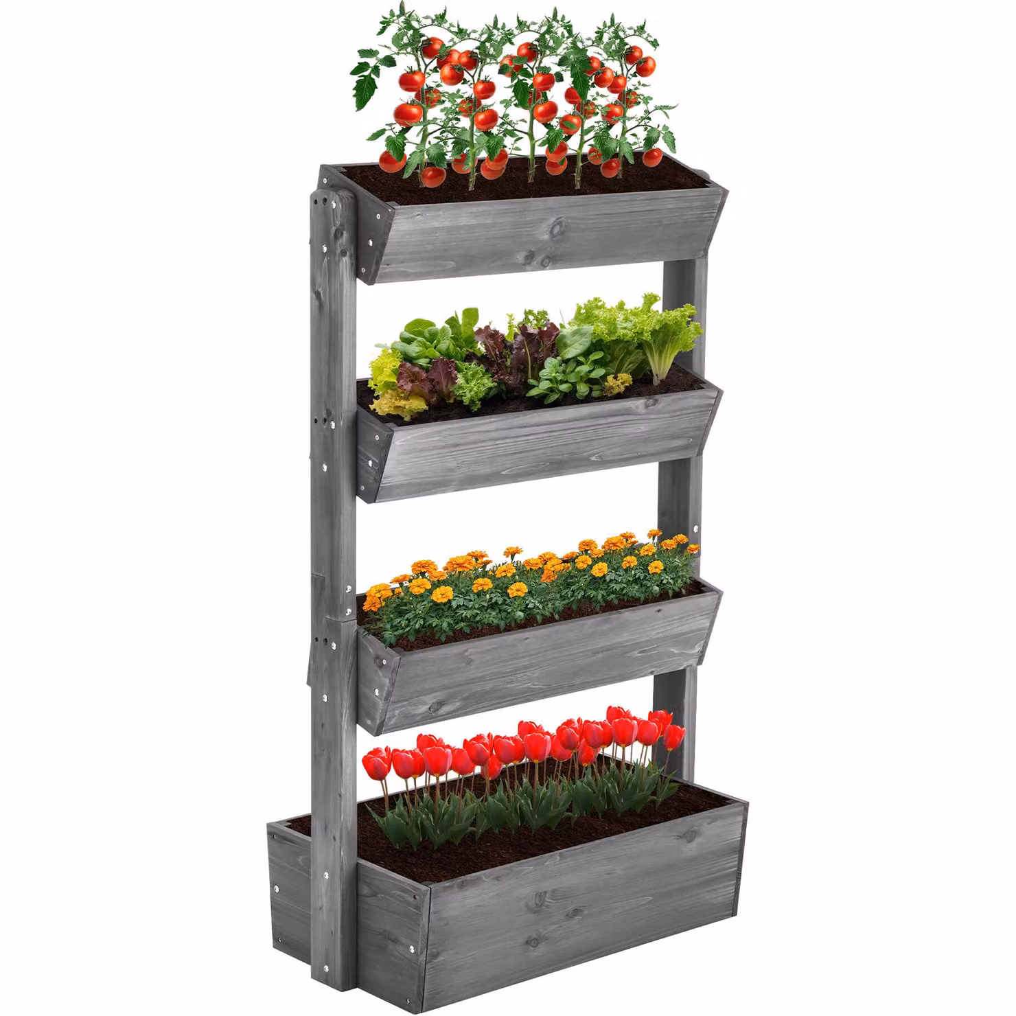 Aiuola verticale Flora tectake in legno verniciato grigio con tessuto non tessuto per piante, L: 85 cm, P: 45 cm, H: 140 cm – 3