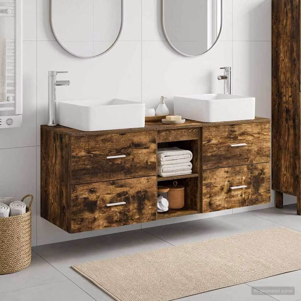 Set di 3 armadi da bagno moderni vidaXL in legno color rovere fumo, L: 129 cm, P: 41 cm, H: 80 cm