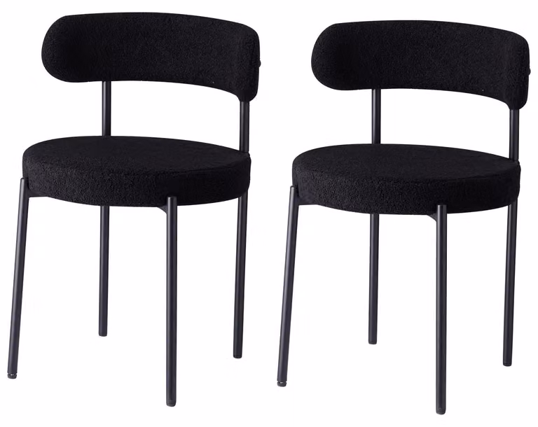 Set di 2 sedie da pranzo - Sedia imbottita in stile mid-century - Seduta rotonda imbottita - Schienale curvo - Gambe in metallo - Adatte per sala da pranzo e soggiorno - Colore: nero