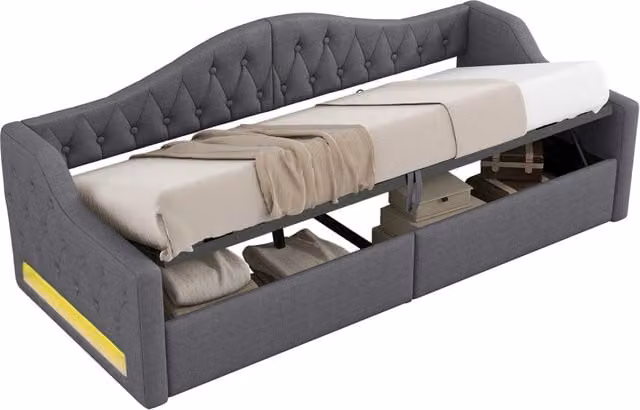 Letto a Divanetto con Contenitore e Illuminazione LED Grigio L: 90 cm, P: 200 cm