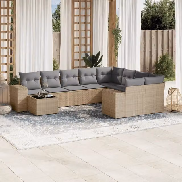 Set Divano da Giardino Moderno VIDAXL in Polyrattan con Cuscini Beige, 10 Pezzi, Forma a L – 1