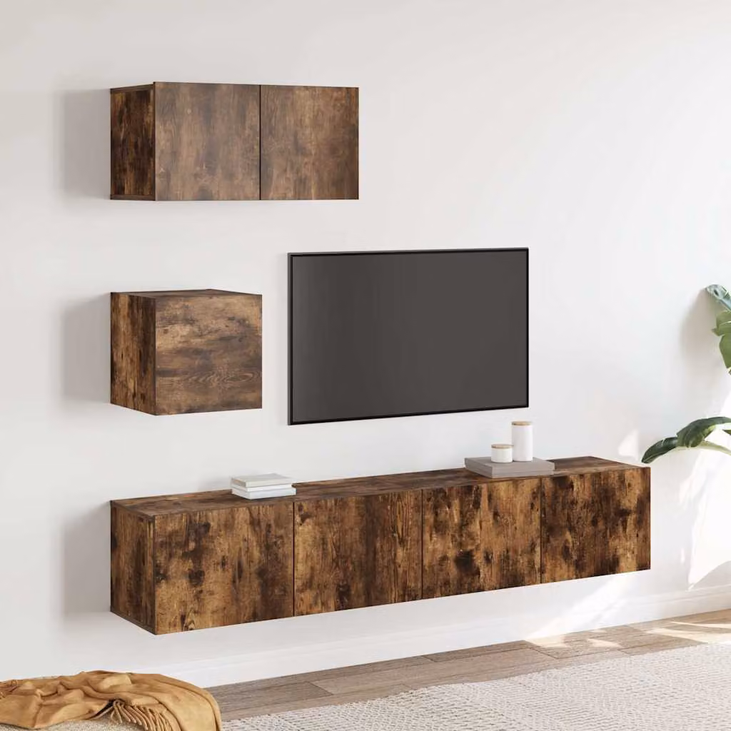 Set di mobili porta TV moderno vidaXL in legno multistrato color rovere marrone con 4 pezzi da appendere a parete