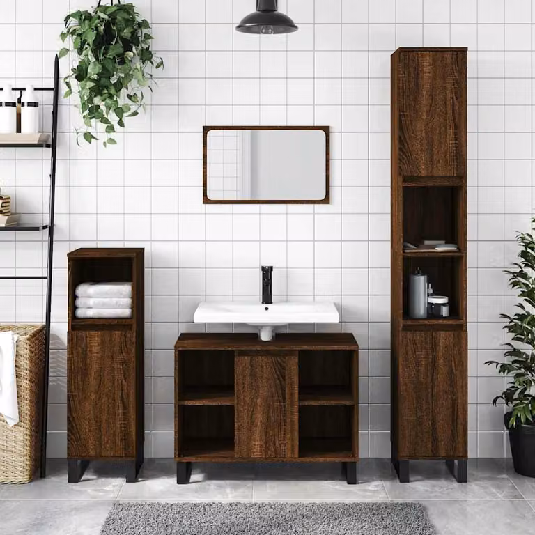 Armadietto da bagno vidaXL in legno rovere marrone con ante a battente e ripiani interni, L 80 cm x P 33 cm x H 60 cm