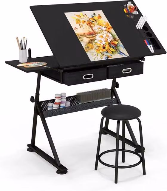 Tavolo da disegno inclinabile 115 x 60 x 65 cm altezza regolabile 2 cassetti moderni in MDF metallo PVC nero 20_0020966