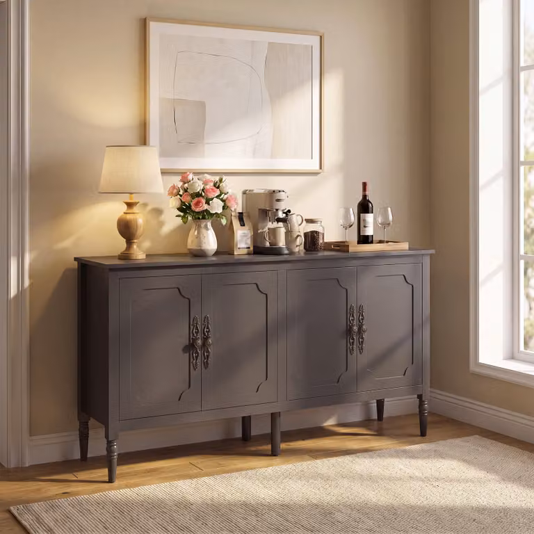 Costway Credenza da cucina a 4 ante con ripiani regolabili madia lunga porta, Mobile vintage in legno per salotto e ingresso Marrone