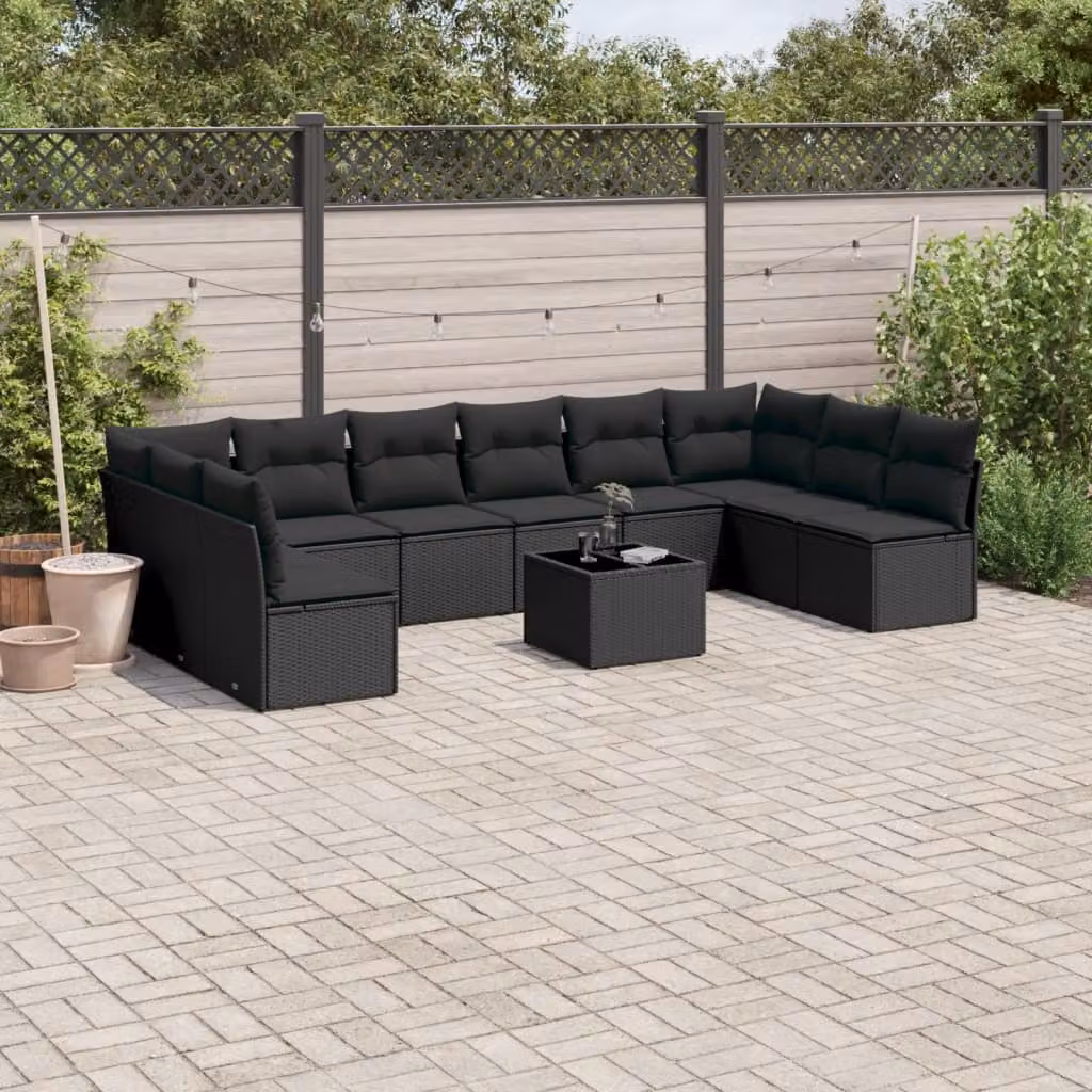 vidaXL Set Divani da Giardino 11 pz in Polyrattan Nero con Cuscini e Tavolino da Esterno – 1