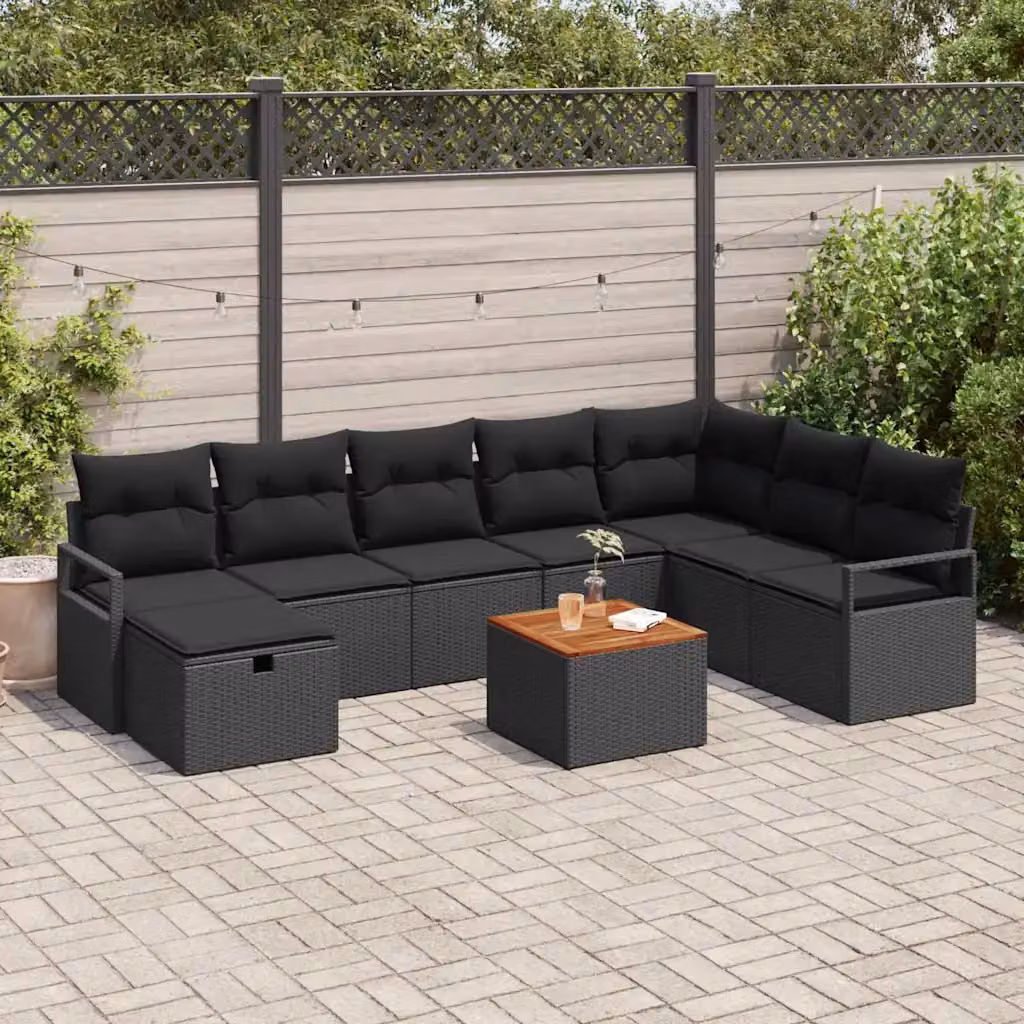 Set Divano da Giardino Moderno vidaXL 9 Pezzi Nero con Cuscini e Tavolino da Caffè in Polyrattan e Acciaio – 1
