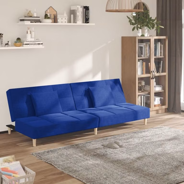 Divano letto 2 posti con 2 cuscini, tessuto blu, marca Maison Exclusive