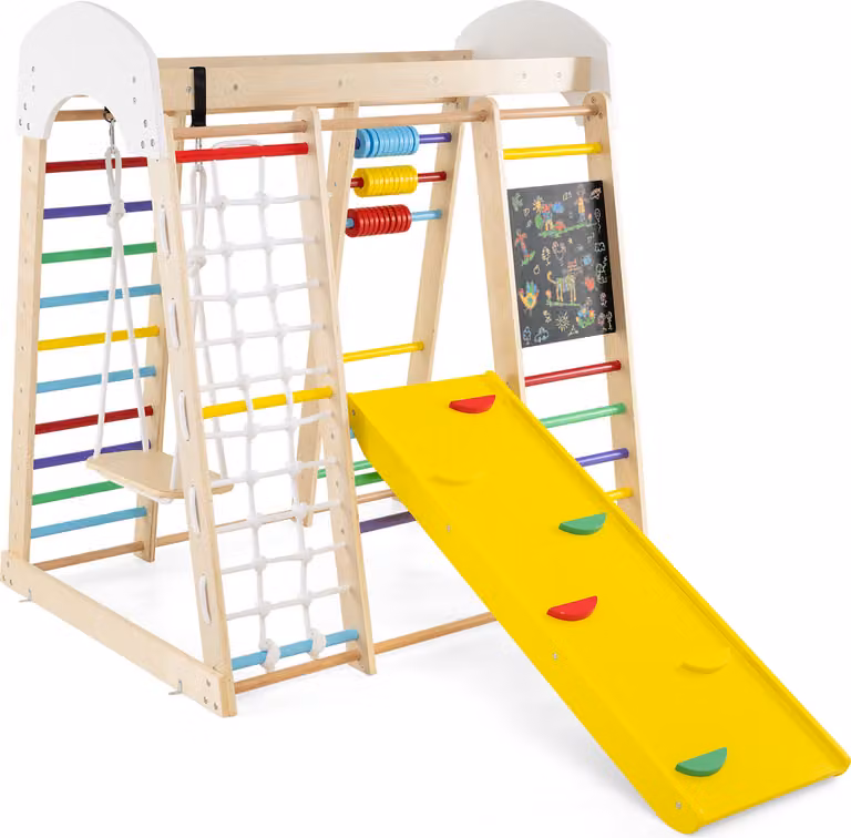 COSTWAY struttura da gioco per arrampicata, triangolo da arrampicata 8in1, rete da arrampicata, scala, scivolo, altalena, roccia da arrampicata, abaco e lavagna per bambini 3+ Colorato