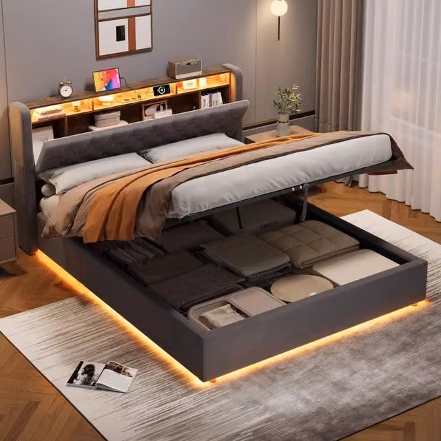 Desviae Letto imbottito matrimoniale 160 × 200 cm con contenitore e testiera contenitore in velluto grigio scuro