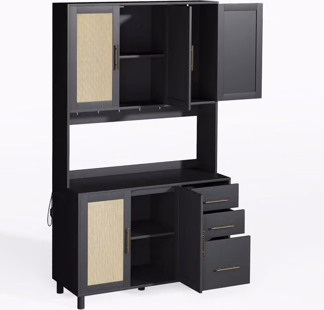 Buffet cucina 183 cm con luci LED controllate da app, ripiani regolabili, 3 cassetti e prese USB, maniglie in metallo dorato
