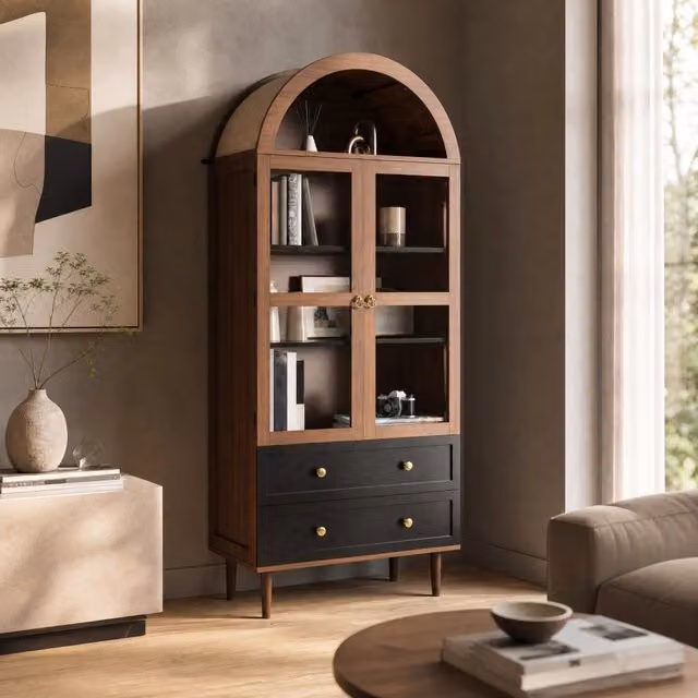 Credenza ULEVR 70x38x165 cm con ripiani regolabili e ante in vetro scanalato, MDF effetto noce
