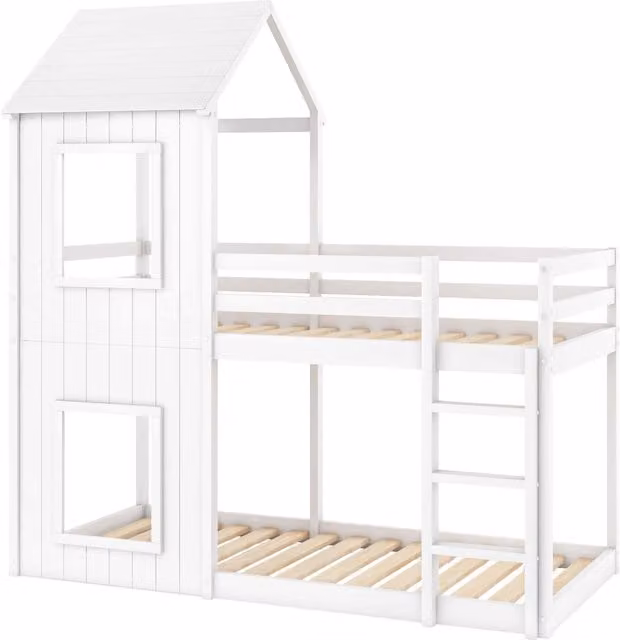 Letto a Castello per Bambini 90x200 cm in Legno Massello di Pino Bianco con Scala e Baldacchino
