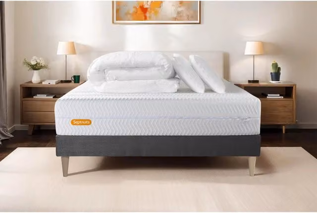 Set letto completo Septnuits con materasso in memory foam, box spring con doghe, 2 cuscini e piumino, colore bianco, L: 160 cm x P: 200 cm – 1