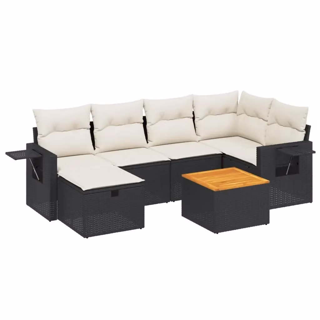 vidaXL Set Divano da Giardino a L con 7 Cuscini, Struttura in Metallo e Polyrattan, Nero e Bianco – 2