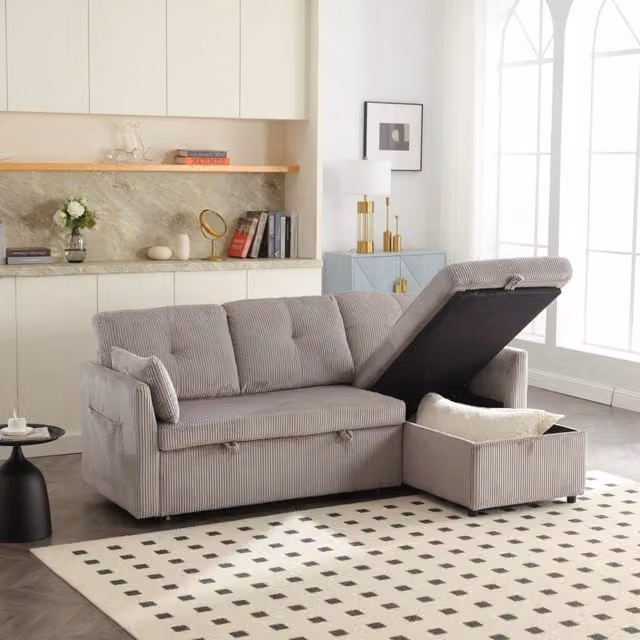 Divano letto modulare 206x108x66 cm con vano contenitore in velluto a coste grigio chiaro