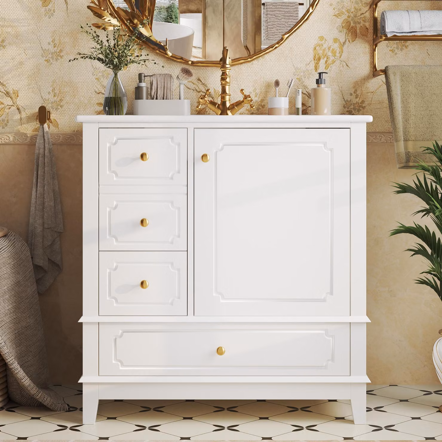 Mobiletti sotto lavabo con lavabo in Vetroceramica, dimensioni 76,5x47x87,5 cm, mobiletto bagno bianco con spazio contenitivo, cassetti, vano porta e maniglie in metallo dorato