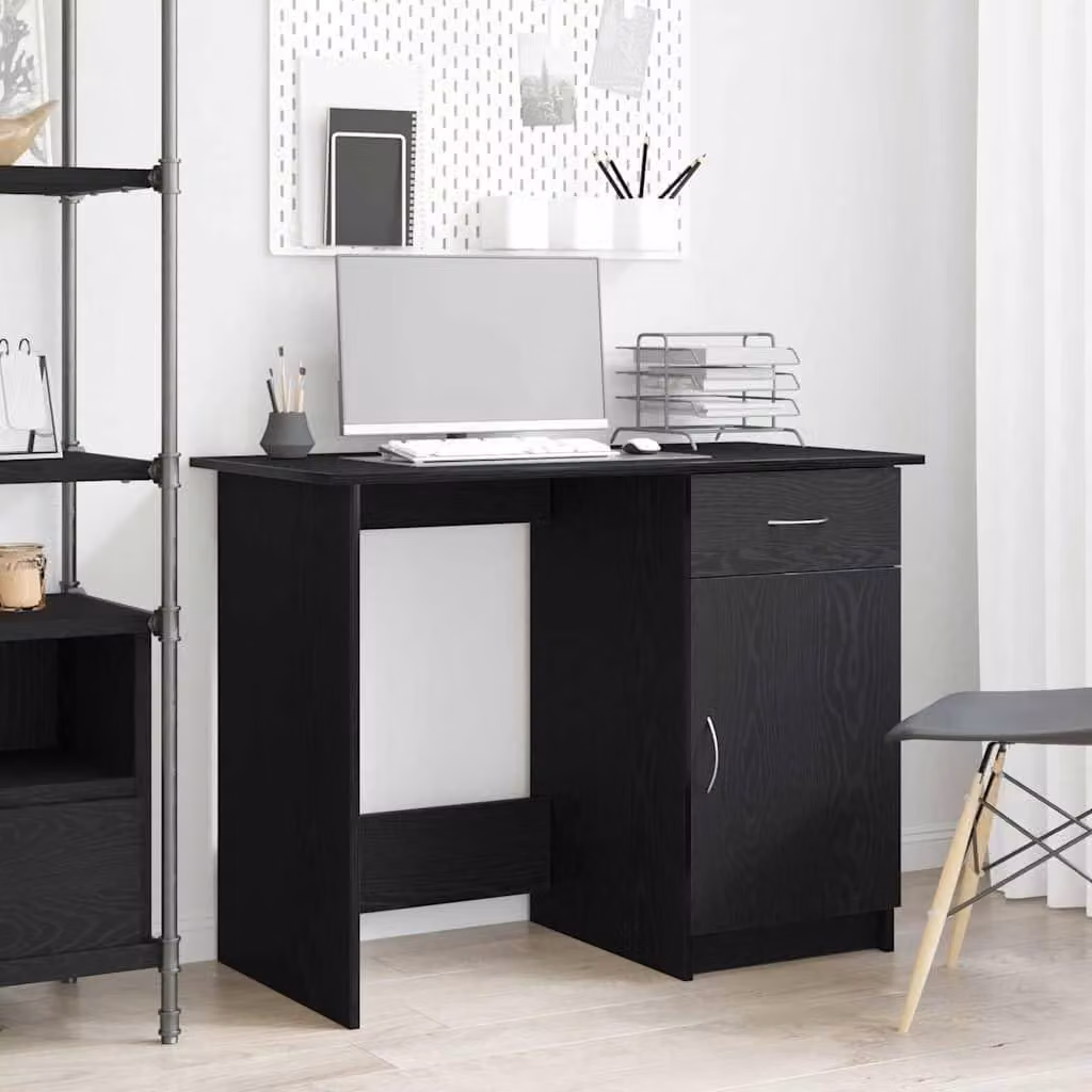 Scrivania compatta con anta in legno tecnico nero effetto noce