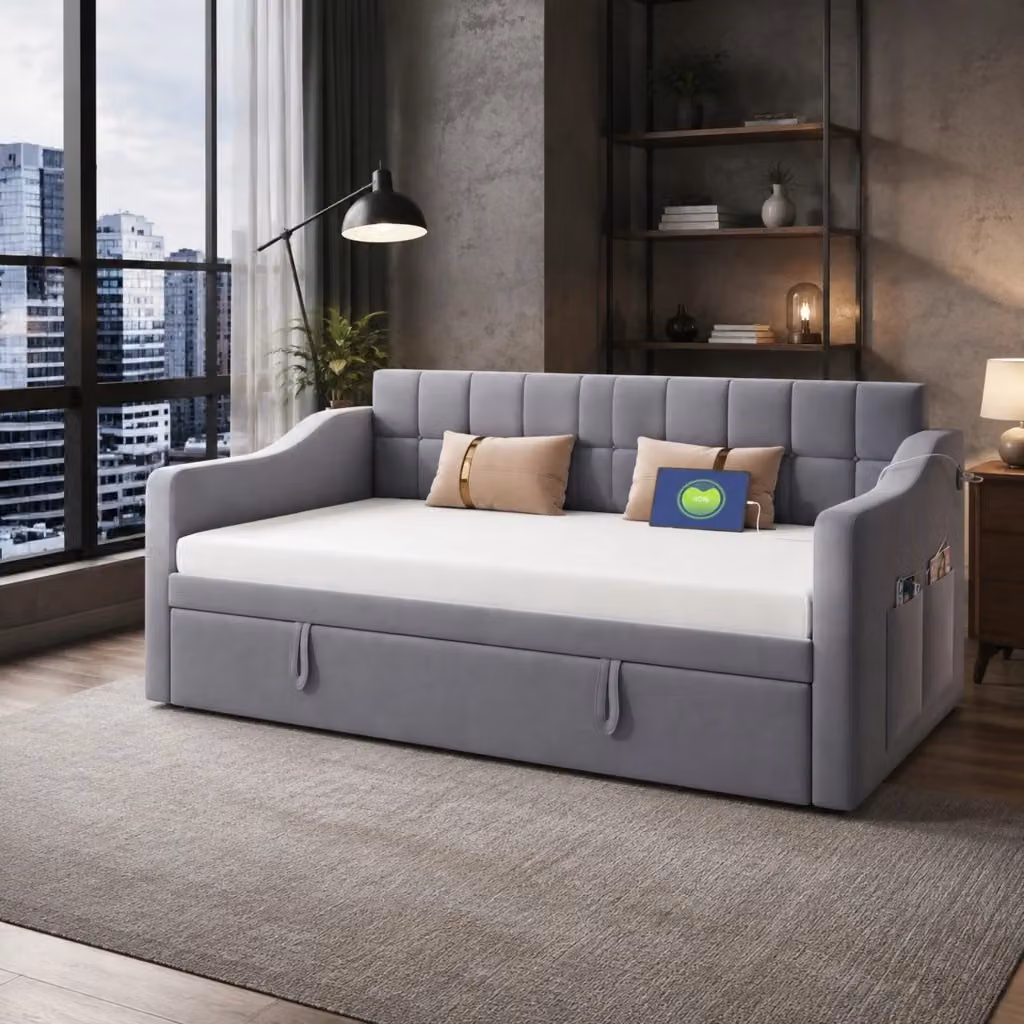 Divano letto estraibile Mivray in velluto grigio con porte USB e cassetto contenitore, L/P/H: 90 x 190 cm – 2
