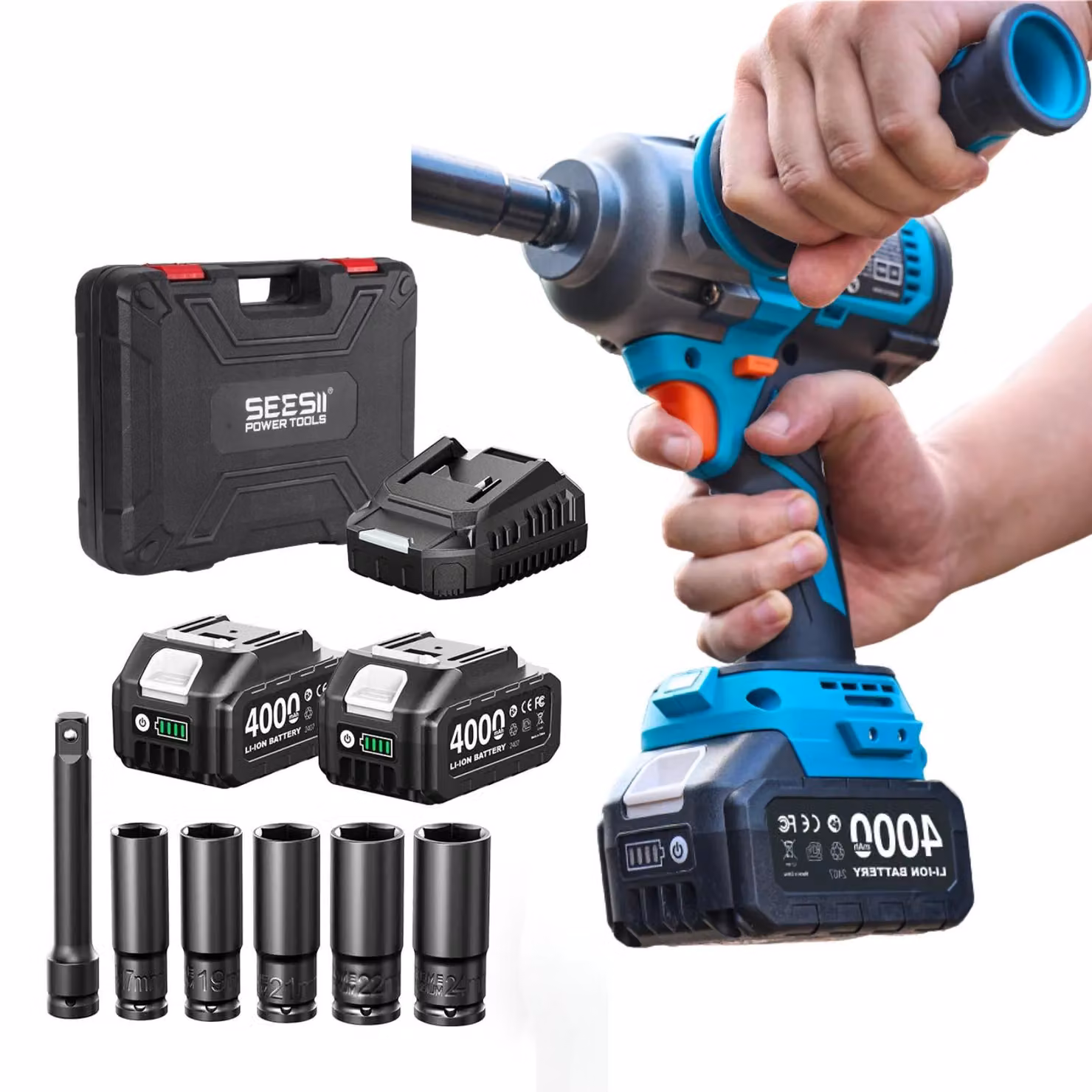 Avvitatore a percussione a batteria - Attacco quadrato da 1,27 cm - Coppia di 1200 Nm - 21 V - Impugnatura laterale removibile - 2 batterie da 4,0 Ah - Valigetta porta attrezzi