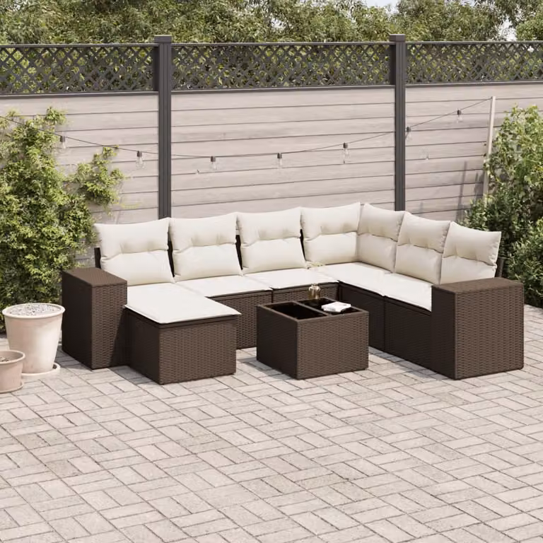 Set di divani da giardino vidaXL 8 pezzi in polyrattan marrone con cuscini e tavolino da esterno