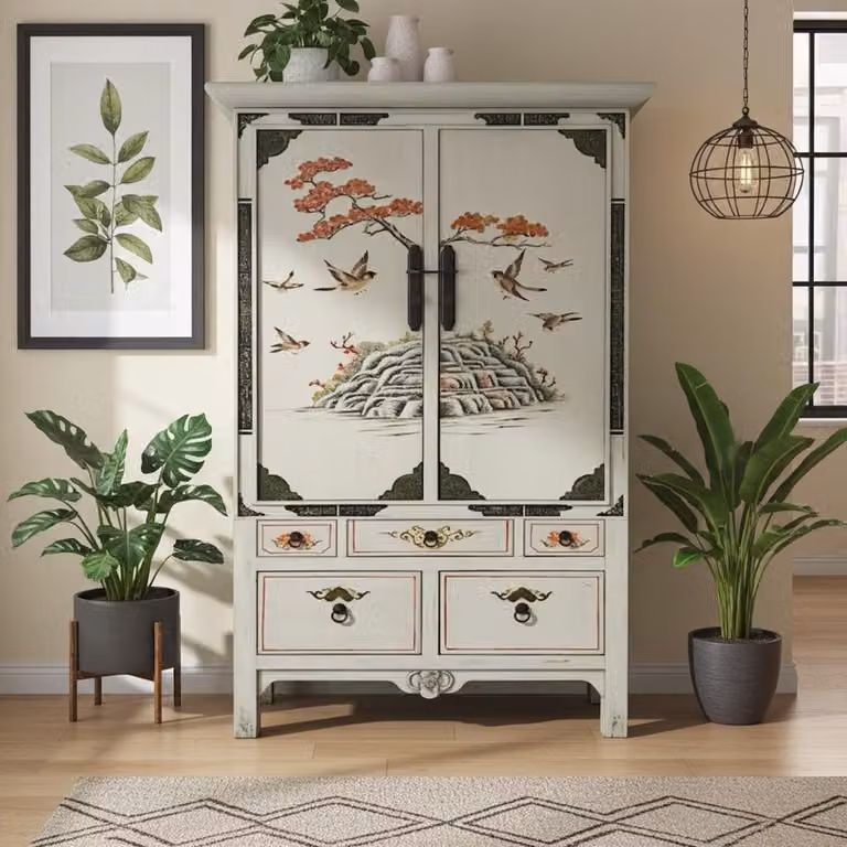 Set di mobili cinesi 3 pezzi Mobili Asia Armadio grigio Armadio matrimoniale Comodini Comodini orientali asiatici