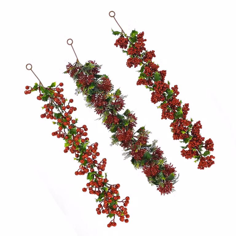 Ramo Natalizio Decorativo Vestiamo Casa Rosso con Bacche e Foglie Verdi, Altezza: 65 cm
