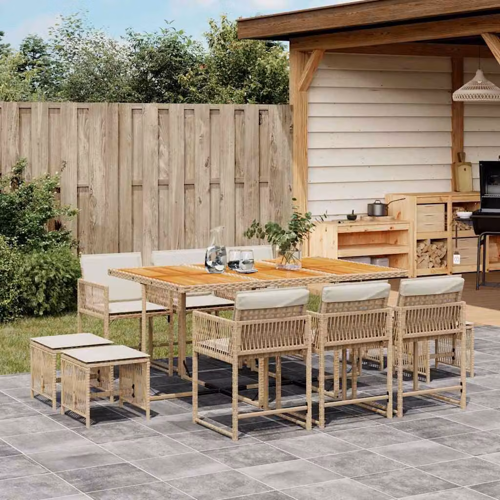 Set da pranzo da giardino vidaXL in polyrattan con cuscini beige e tavolo in legno di acacia, 11 pezzi