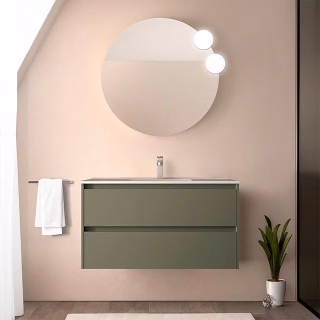 Mobile bagno sospeso Gaya Inbagno verde satinato con lavabo ad incasso e ante soft-close – 1
