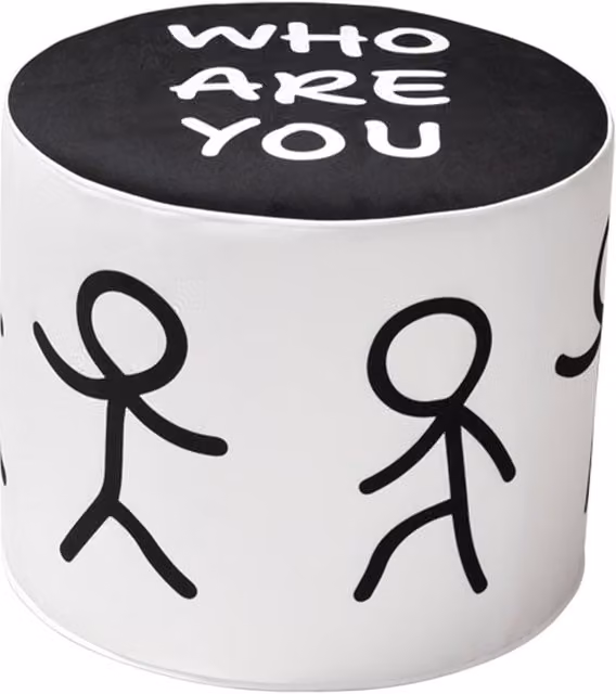 Pouf cilindrico Qeeboo Who Are You S in tessuto bianco e nero per adulti