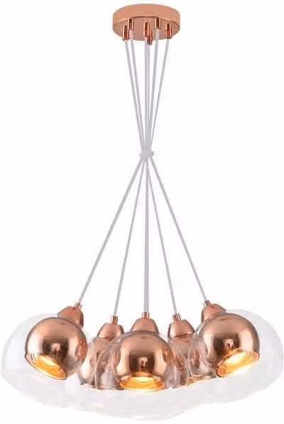 Lampada a sospensione Clara Reality in rame e vetro trasparente con 6 luci E27 dimmabile