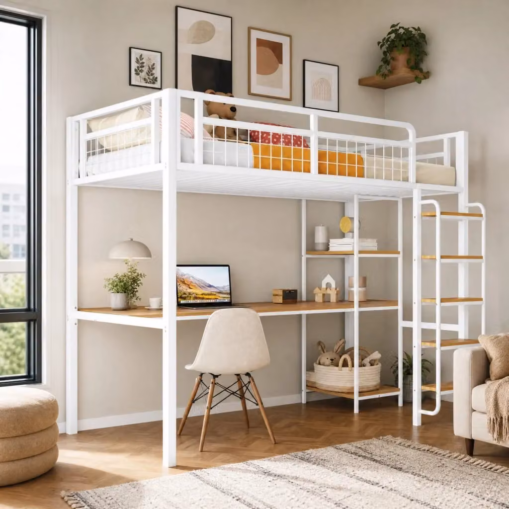 Letto a castello alto REDOM in metallo bianco con scala, scaffali laterali e scrivania, L/P/H: 200 x 90 x 183,7 cm – 2