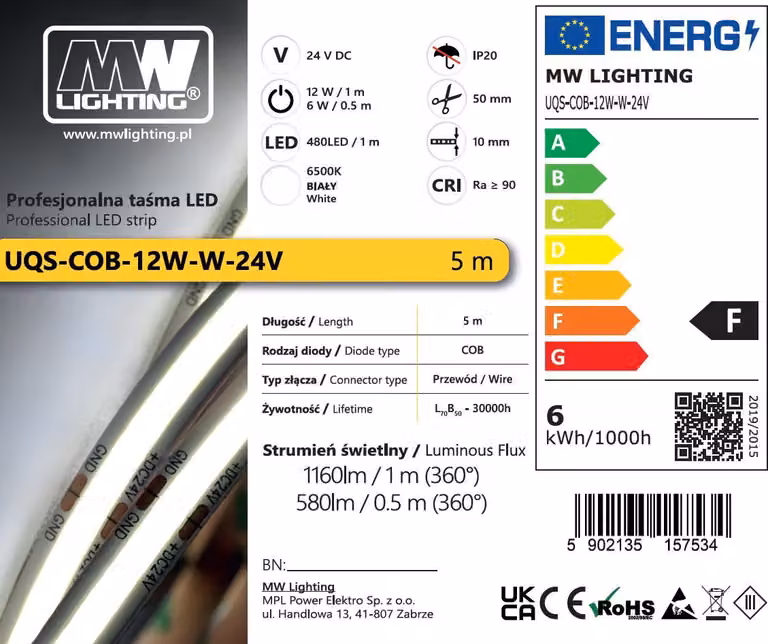 UQS-COB-12W-W-24V-5m: striscia LED COB professionale, 12 W, 480 chip/m, CRI >90, 24 V, bianco, 6500 K, IP20, 5 m