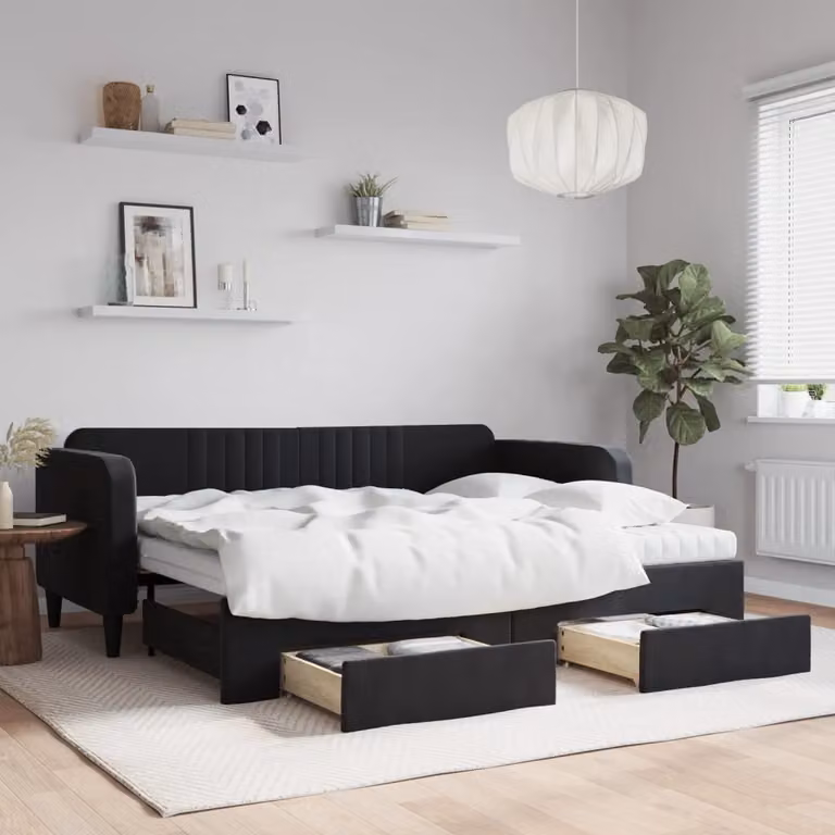 vidaXL Divano Letto Estraibile in Velluto Nero con Cassetti L/P/H: 223 x 90 x 100 cm
