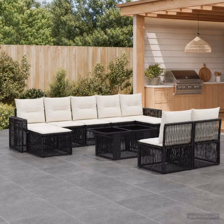 Set Divano da Giardino vidaXL 10 Pezzi in Polyrattan Nero e Bianco Crema