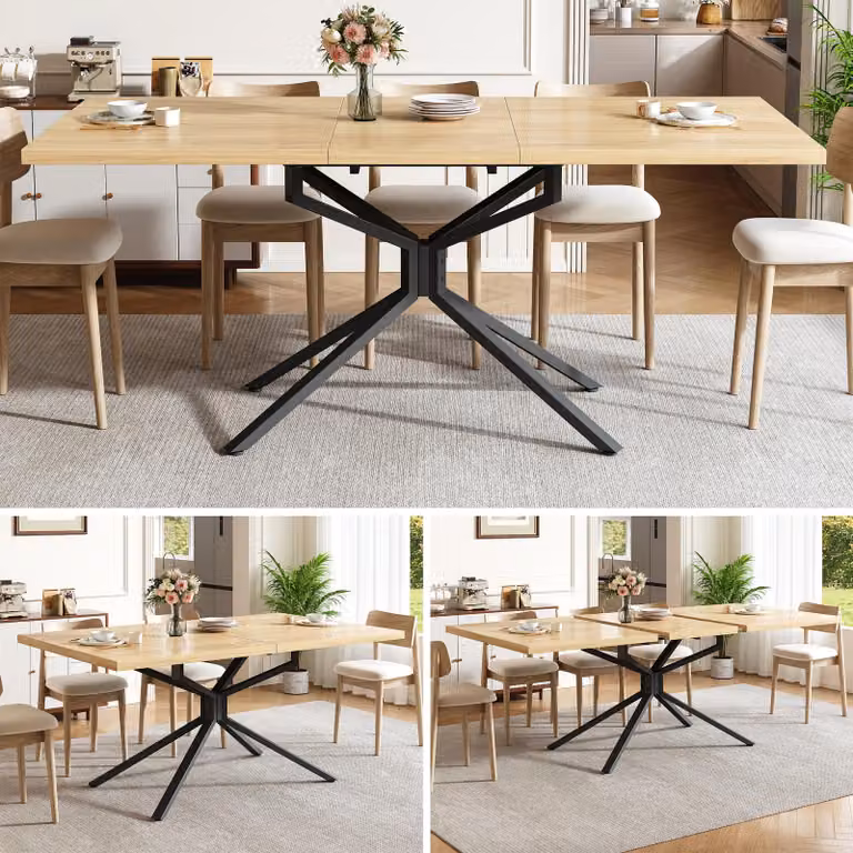 Tavolo da pranzo allungabile, dimensioni 120/160x90 cm, forma rettangolare, struttura in metallo a stella, piedini regolabili, realizzato in MDF, adatto per 4-6 persone