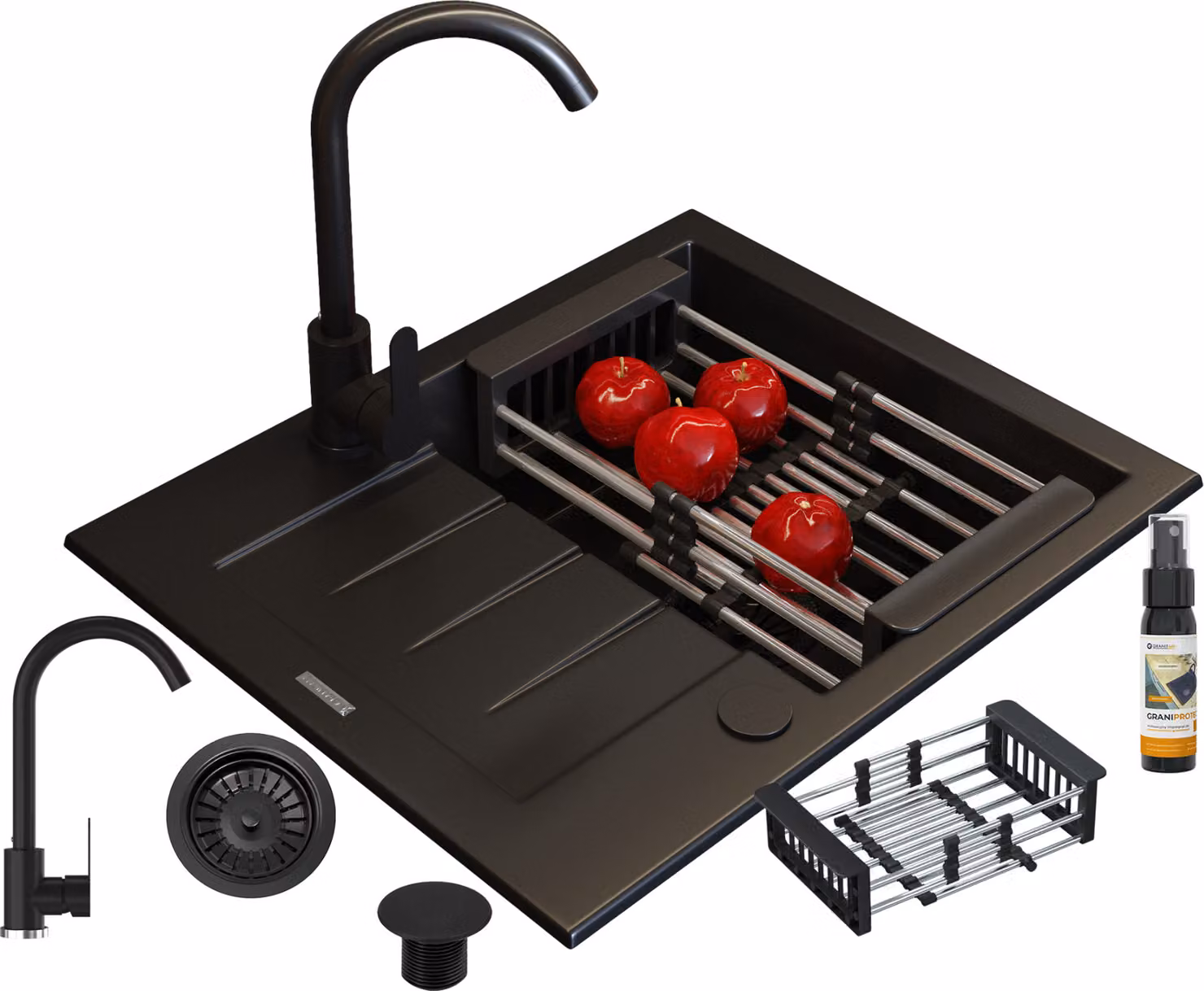 Granitan - Lavello in granito - Lavello da cucina - 57x46 cm - Nero - con rubinetteria PRESTIGE e scolapiatti - MILANO