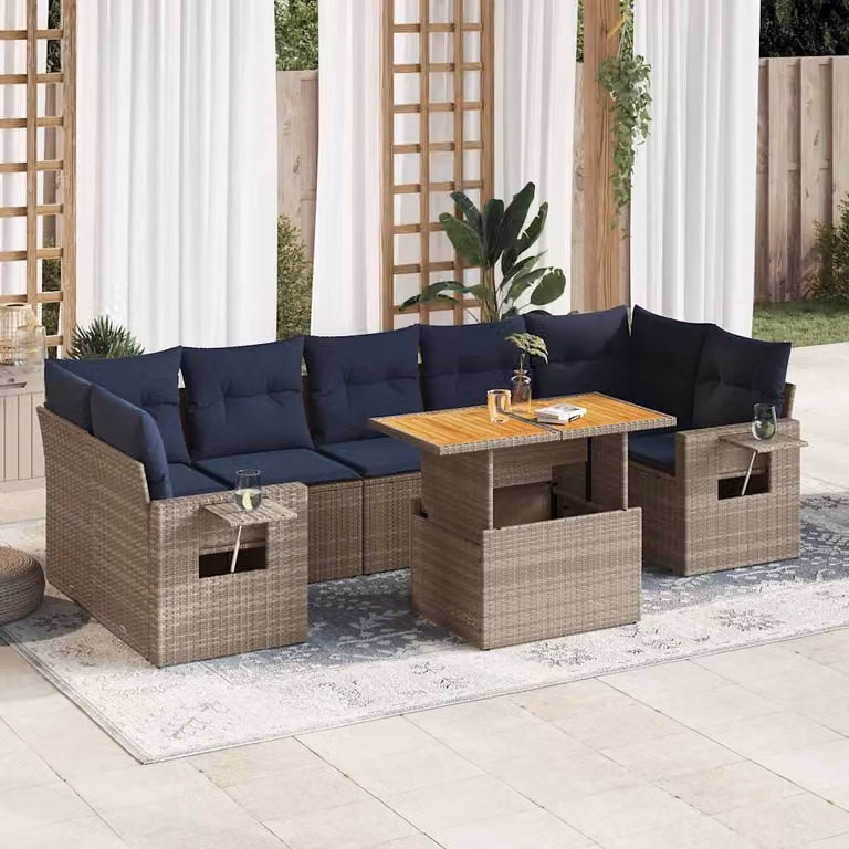 Set Divano da Giardino vidaXL 8 pz a L con Cuscini e Tavolino, Polyrattan e Acciaio, Grigio