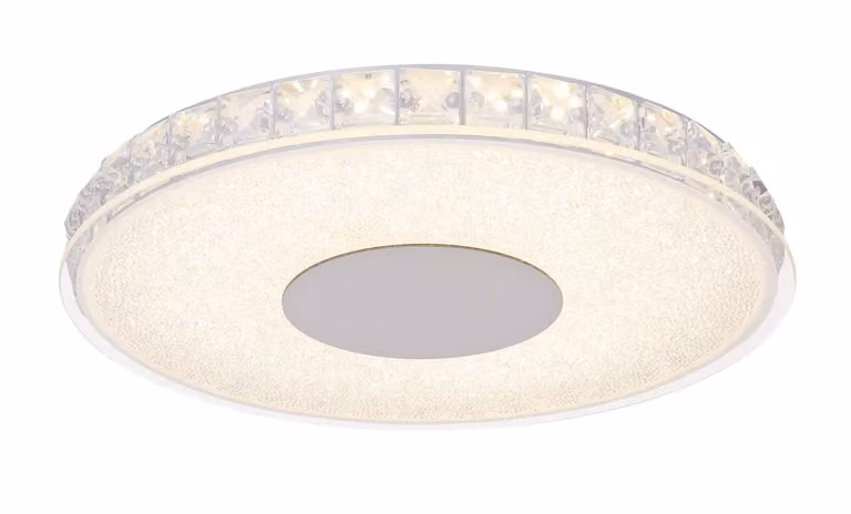 Globo Lighting plafoniera in metallo argento metallizzato, vetro opalino, cristalli di plastica trasparenti, ø: 300mm, H: 40mm, incl. LED 16W 230V, sorgente 2230lm, potenza 1080lm, 4000K