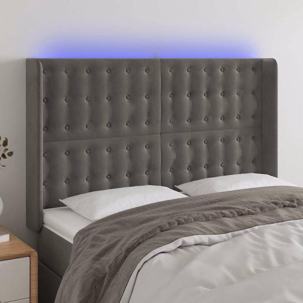 Testiera per letto vidaXL in velluto grigio con illuminazione LED e porta di ricarica USB, L: 147 cm, P: 16 cm, H: 118/128 cm