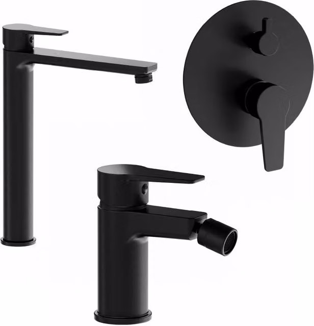 Set di miscelatori Jane in ottone nero opaco con lavabo alto per bidet senza scarico e incasso doccia con deviatore